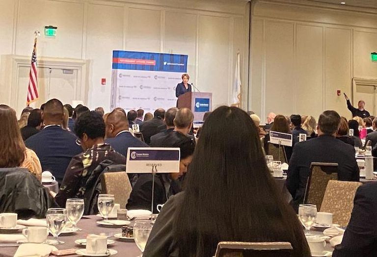 Gov. Maura Healey speaking to the Greater Boston Chamber of Commerce after releasing her first budget proposal. 