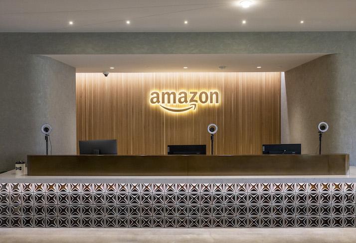 A front desk in one of Amazon's new HQ2 buildings, where employees started working this week. 