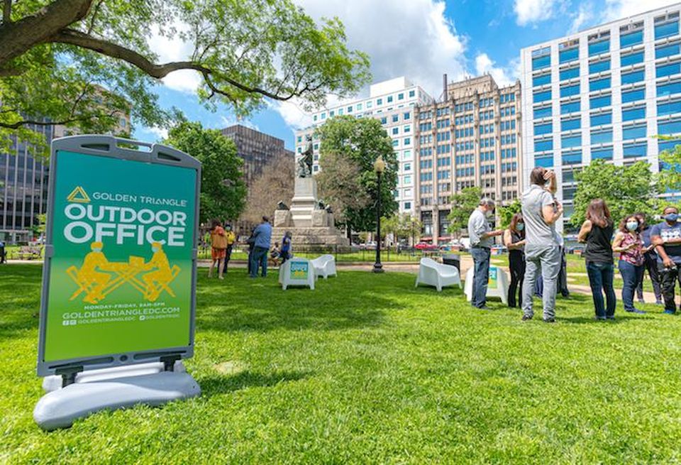 The Golden Triangle BID's Outdoor Office pop-up in Downtown D.C.'s Farragut Square.