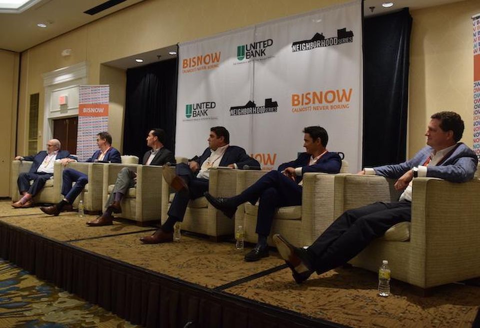 Pillsbury's Jamie Bobotek, Federal Realty's Geoff Sharpe, LCOR's Josh White, CBRE's Jonathan Greenberg, JBG Smith's Jack Kelly and ZOM Living's Andy Cretal speaking at Bisnow's National Landing Update event.