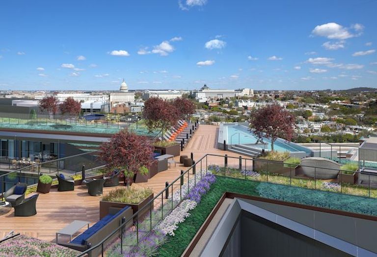 A rendering of the rooftop amenity space at Tishman Speyer's Crossing development. 