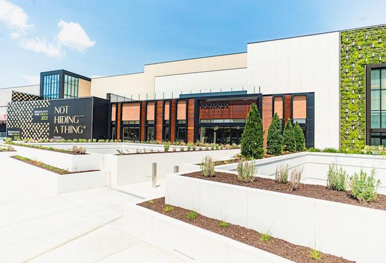 The outside of the renovated former Macy's space at Tysons Galleria, including an entrance to Arhaus. 