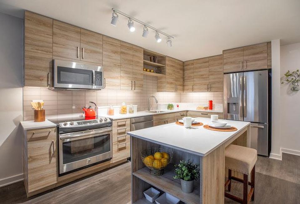 The kitchen in a model unit at The Kelvin.