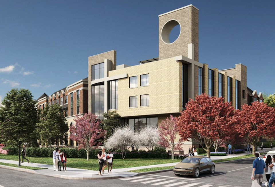 A rendering of the proposed redevelopment of the Wisconsin Avenue Baptist Church site, including a new church building and 86 senior housing units.