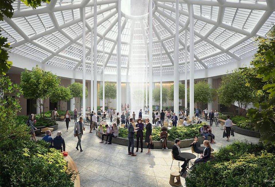 A rendering of the common area planned between the two International Place towers.