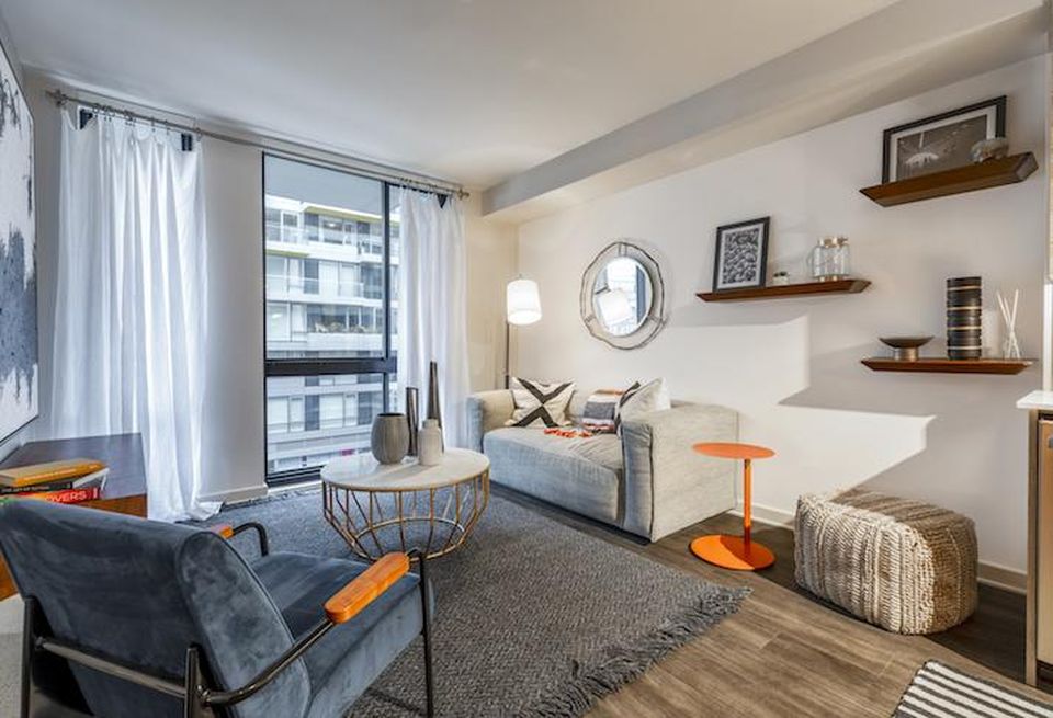 A living room in a model unit at The Kelvin.