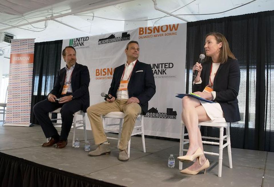 Foulger-Pratt's Cameron Pratt, Willco's Gary Cohen, and NoMa Business Improvement District's Maura Brophy speak during a panel at Bisnow's D.C. State of the Market event on May 11, 2022.