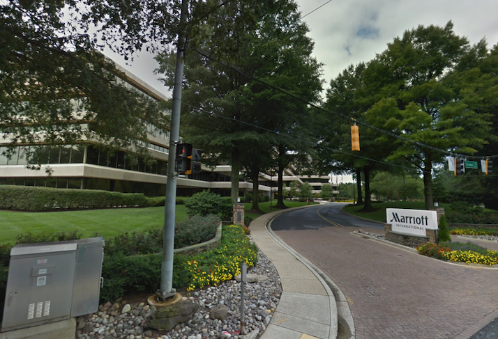 The entrance to Marriott International's headquarters on Fernwood Road in Bethesda