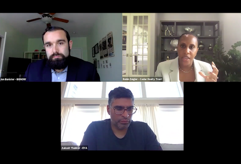 Bisnow's Jon Banister, Cedar Realty Trust's Robin Zeigler and EYA's Aakash Thakkar on a Bisnow webinar. 