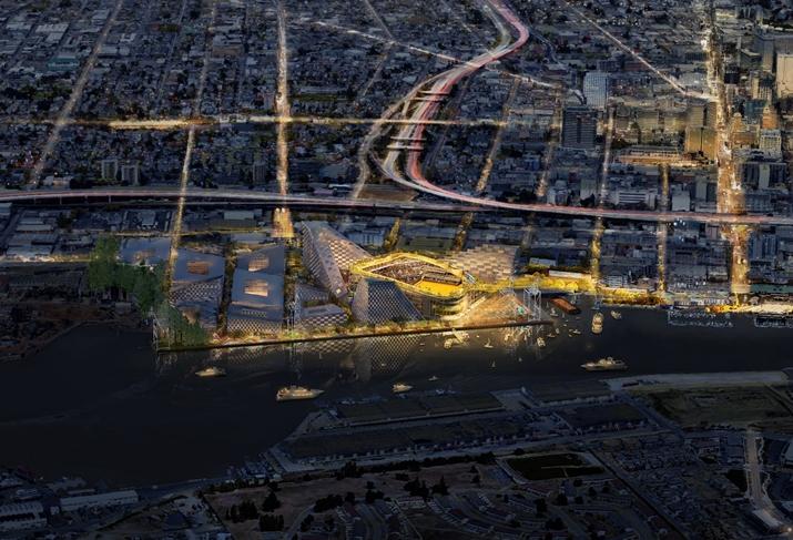 BIG's rendering of the Oakland A's proposed waterfront stadium
