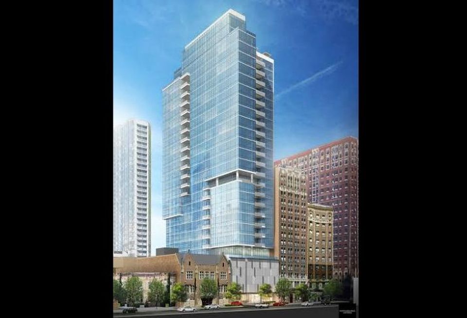 A rendering of a 28-story luxury condo tower by Lexington Homes at 1022-28 North Dearborn Parkway, Chicago, IL