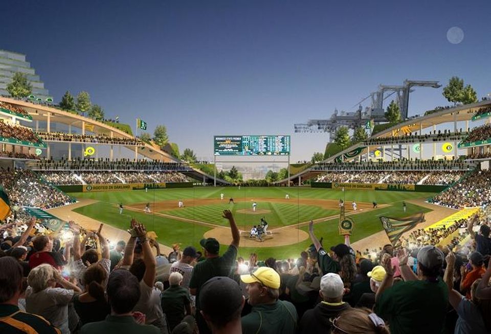 BIG's rendering of the Oakland A's proposed waterfront stadium