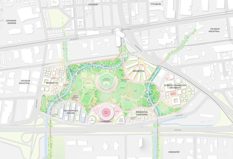 The site plan for the Coliseum site in East Oakland