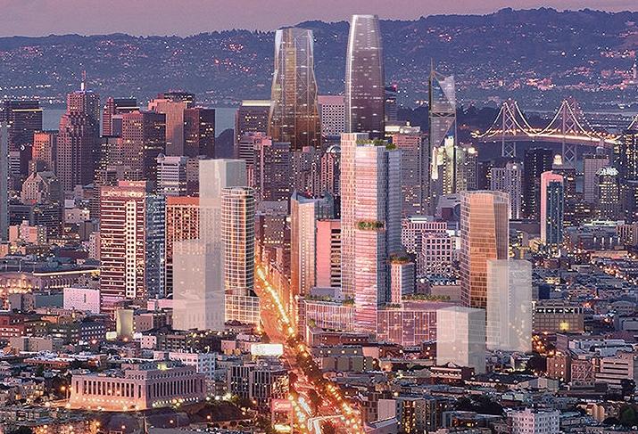 Rendering of how one of the proposals for 10 South Van Ness (to the right of the road with green roofs) would fit into San Francisco's changing skyline