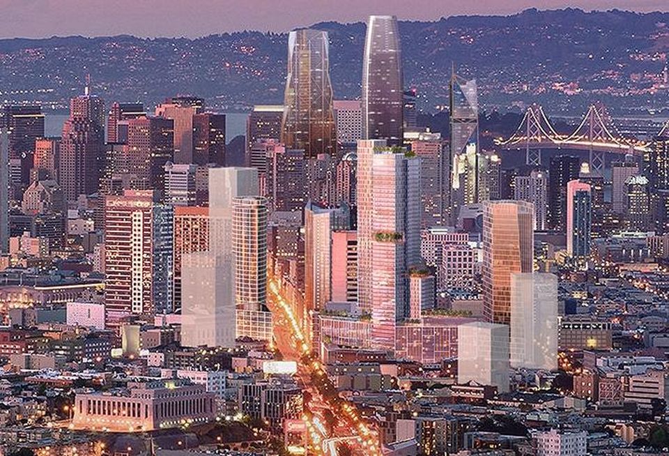Rendering of how one of the proposals for 10 South Van Ness (to the right of the road with green roofs) would fit into San Francisco's changing skyline