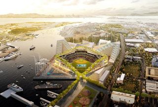 BIG's rendering of the proposed Oakland A's waterfront stadium