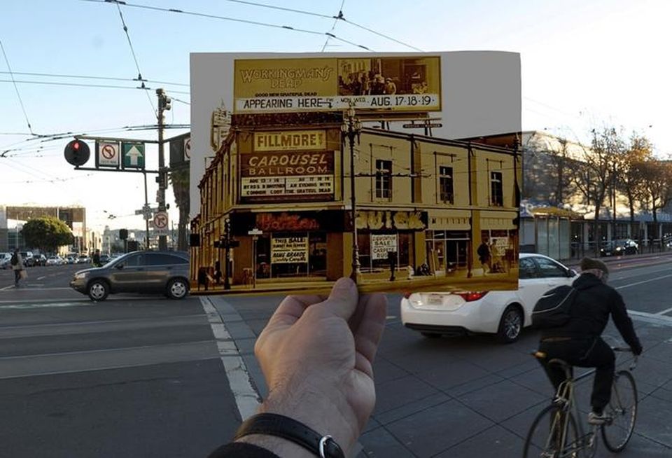 A photo of the Fillmore West from its heyday in front of the site today at 10 South Van Ness in San Francisco