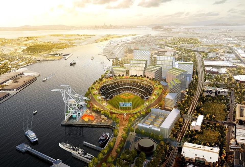 A revised rendering of the planned Oakland A's ballpark at Howard Terminal
