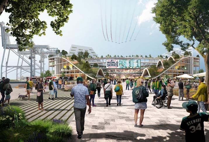 BIG's rendering of the Oakland A's proposed waterfront stadium