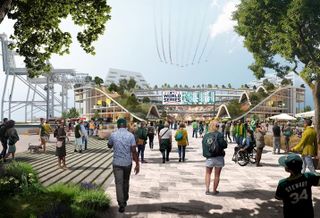 BIG's rendering of the Oakland A's proposed waterfront stadium