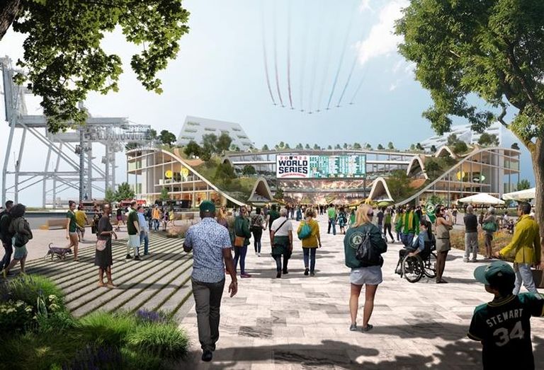 BIG's rendering of the Oakland A's proposed waterfront stadium