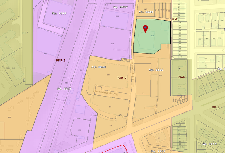 A zoning map of the area, with the Trammell Crow-owned Reed Street lot highlighted and the Douglas-owned Rhode Island Avenue lot directly to the south 