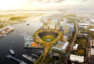 A revised rendering of the planned Oakland A's ballpark at Howard Terminal