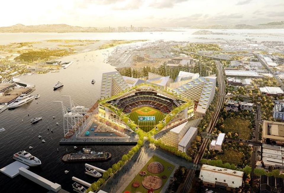 BIG's rendering of the proposed Oakland A's waterfront stadium