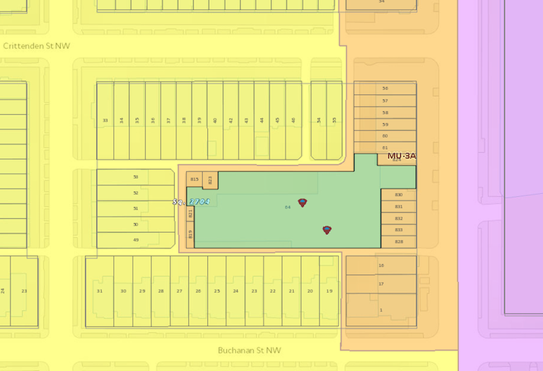 A D.C. zoning map showing the 4618 14th St. NW parcel, highlighted, and the Menkiti-owned parcels to the south of its 14th street frontage. 