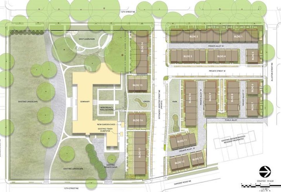 A site plan for the 12th & Allison project on the St. Joseph's Seminary property in Michigan Park