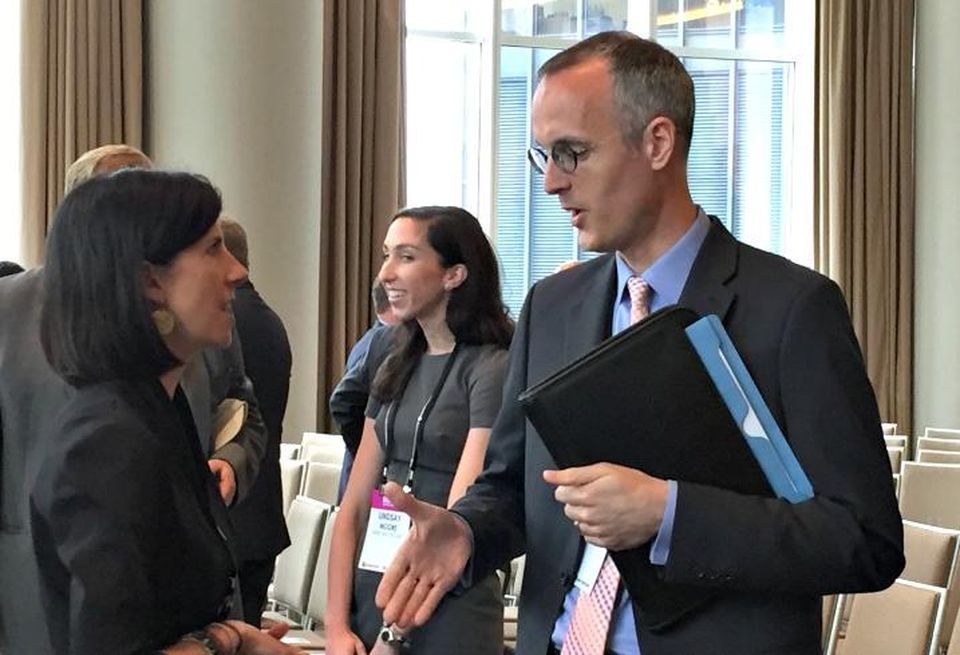 Northwestern Memorial Heathcare VP of real estate Gina Weldy chats during the postgame schmooze at Bisnow's 5th annual healthcare real estate event in Chicago