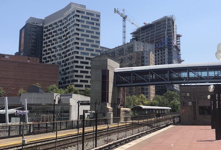 New development rising in Silver Spring, seen from the Metro station platform. 