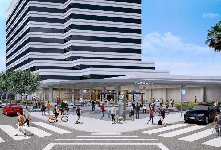 Rendering of Douglas Emmett's mixed-use office and retail building at 401 Wilshire Blvd. in Santa Monica