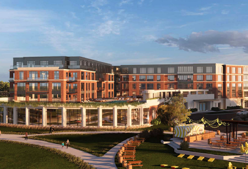A rendering of V10 Development's planned 591-unit project along the Malden River.