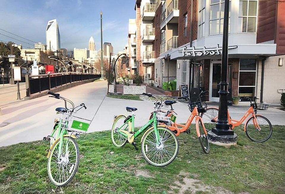Dockless bikes along the Rail Trail in South End, Charlotte