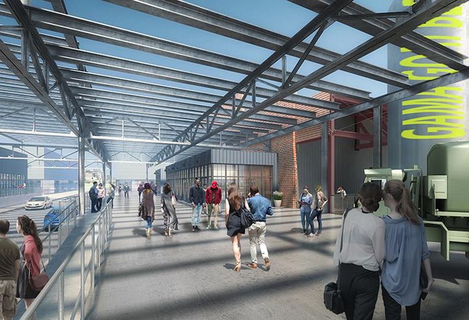 The Gamma Goat Building at Camp North End will include passageways through the building that will connect to cross-streets