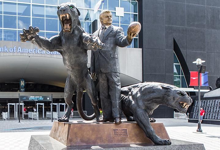 A statue of Jerry Richardson is at the north entrance of Bank of America Stadium.