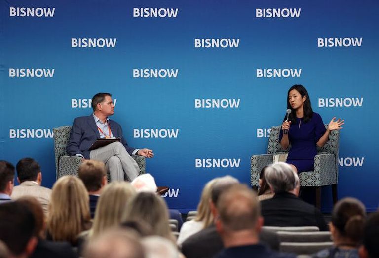 McDermott Quilty & Miller's Joe Hanley and Boston Mayor Michelle Wu at Bisnow's Boston Multifamily Conference.