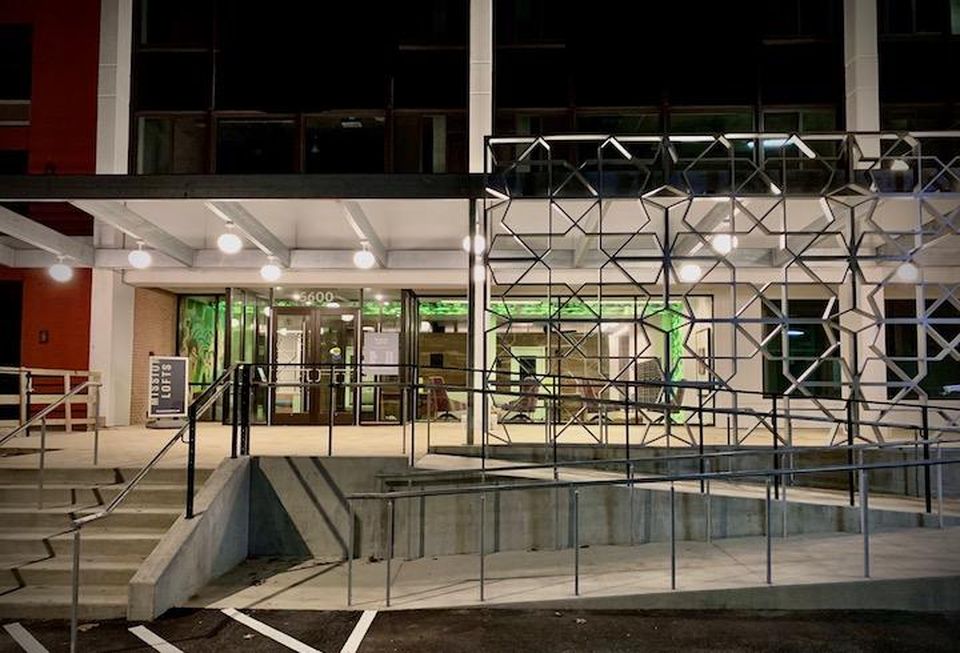 The entrance to the Mission Lofts building at 5600 Columbia Pike.