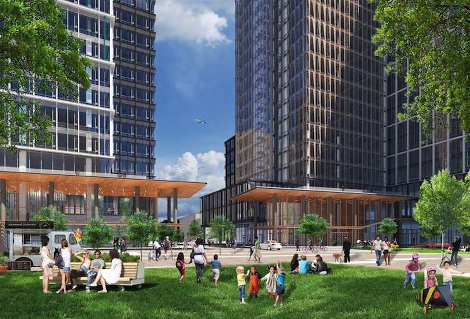A rendering of the park next to the two planned Amazon HQ2 office buildings.
