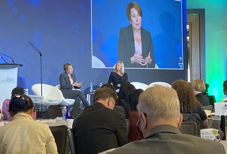 Gov. Maura Healey and MassBio CEO Kendalle Burlin O'Connell at the MassBio State of Possible event on Tuesday