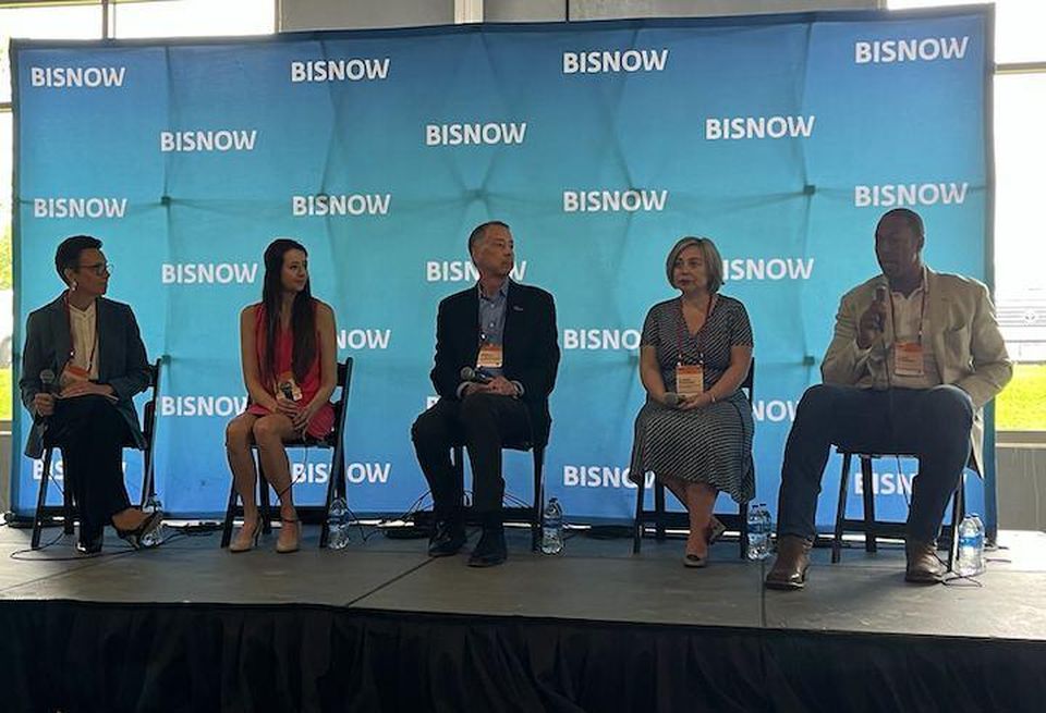 JLL’s Travis Mcready (right) speaking on a panel with Universities at Shady Grove’s Dr. Anne Khademian, Prince William County’s Helena Kondow-McConaghy, MCEDC’s Brad Stewart and Maryland Department of Commerce’s Ulyana Desiderio.