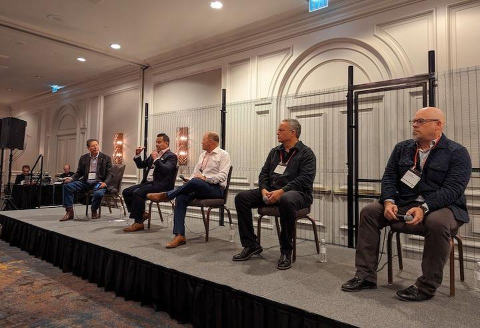 Layer 9's Michael Ortiz discusses AI's impact on the data center industry at Bisnow's DICE Southwest. He is joined by (left to right): BigData Southwest's Kirk Busch, Base Partners' Aaron Wangenheim, digital infrastructure investor Anthony Wanger and CR8DL.ai's George Slessman.