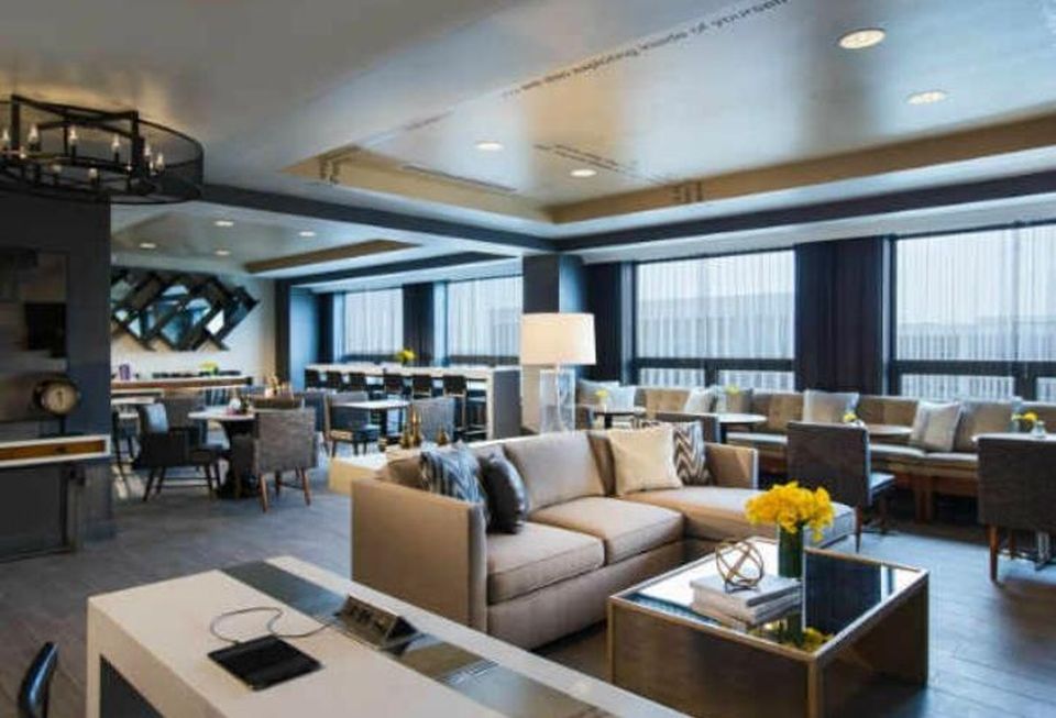 The newly renovated concierge lounge at the Renaissance Chicago O'Hare Suites Hotel
