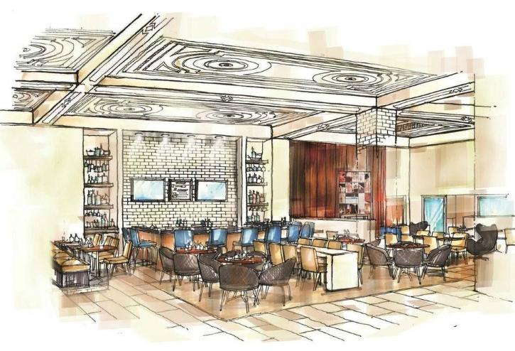 A rendering of the restaurant and lounge inside the Cambria Chicago Loop hotel.