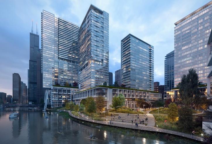 A rendering of Riverline, the massive multifamily development from CMK and Lendlease in Chicago's South Loop.