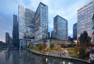 A rendering of Riverline, the massive multifamily development from CMK and Lendlease in Chicago's South Loop.