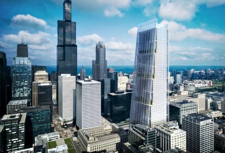 A rendering of a 958-foot tall tower Sterling Bay would build next to Chicago's Union Station if it wins the bid to redevelop the transit hub.