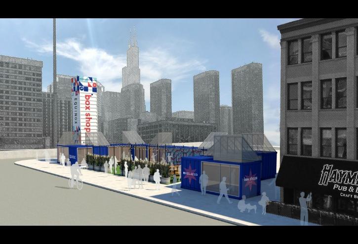 A rendering of Box Shops by Related, a pop-up shipping container market by Related Midwest in Fulton Market.