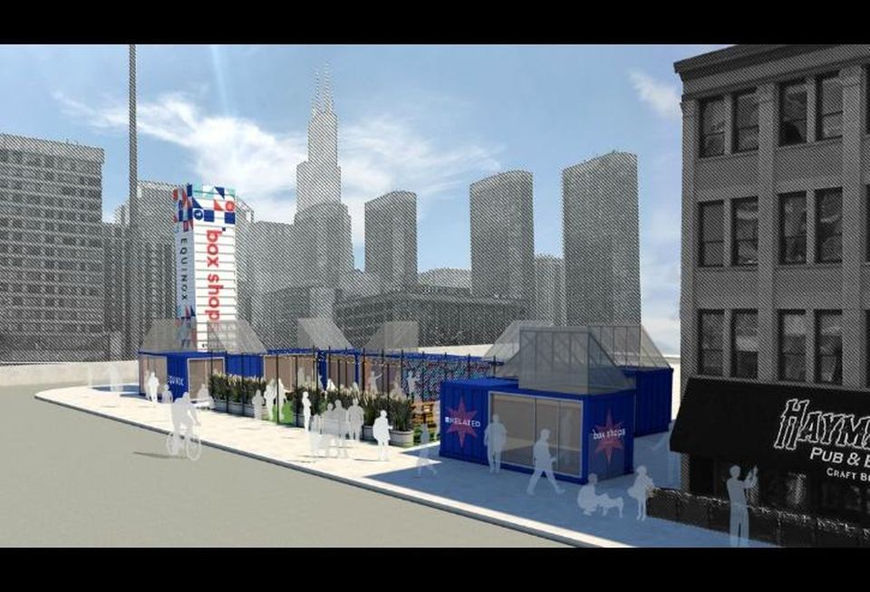 A rendering of Box Shops by Related, a pop-up shipping container market by Related Midwest in Fulton Market.